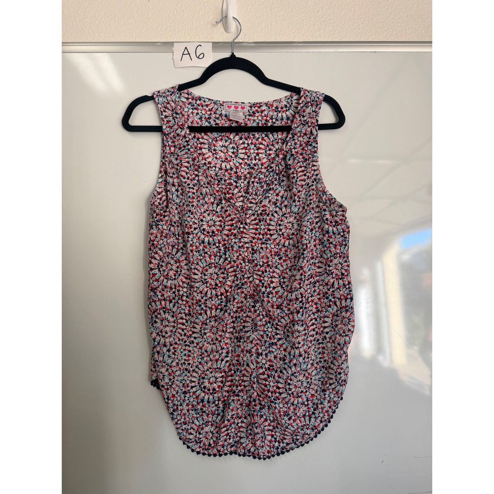 Three Pink Hearts Trixxi Sleeveless Blouse Pink Navy Mosaic Pom Trim Large